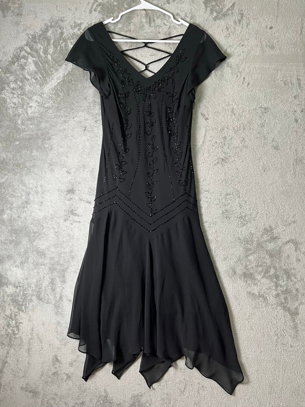 Vintage Whimsigoth Black Beaded Handkerchief Hem Strappy Back Midi Dress Size S